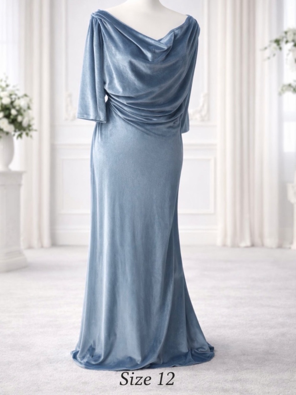 Elegant Dusty Blue Draped Velvet Evening Dress - Size 12